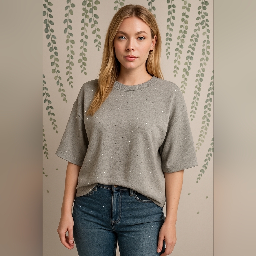 LE SUPERBE Rhinestone Half Sleeve Sweatshirt in H. Grey Size L